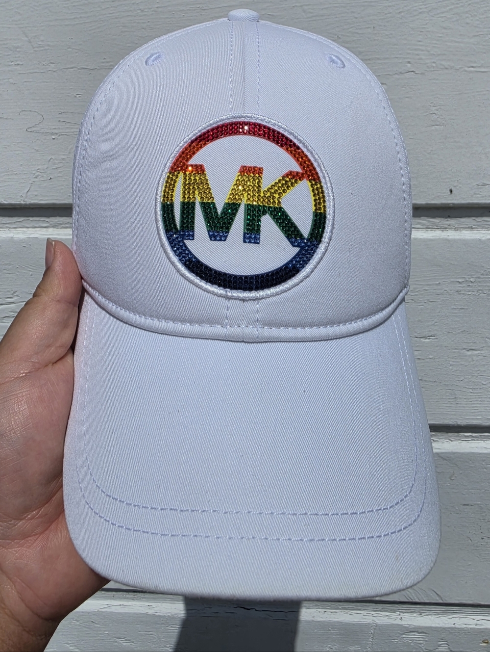 RARE LIMITED EDITION Michael Kors White Cap with Rainbow MK Crystal Logo